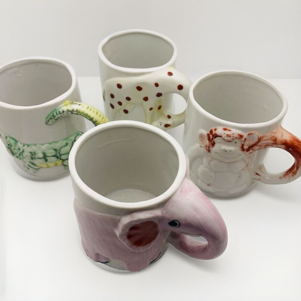1970s Animals Childs Mugs Monkey Giraffe Elephant Alligator Porcelain Vintage